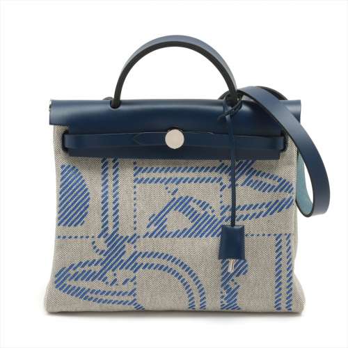 Hermès Herbag Zip PM Toile H & leather Navy blue Silver Metal fittings A rank